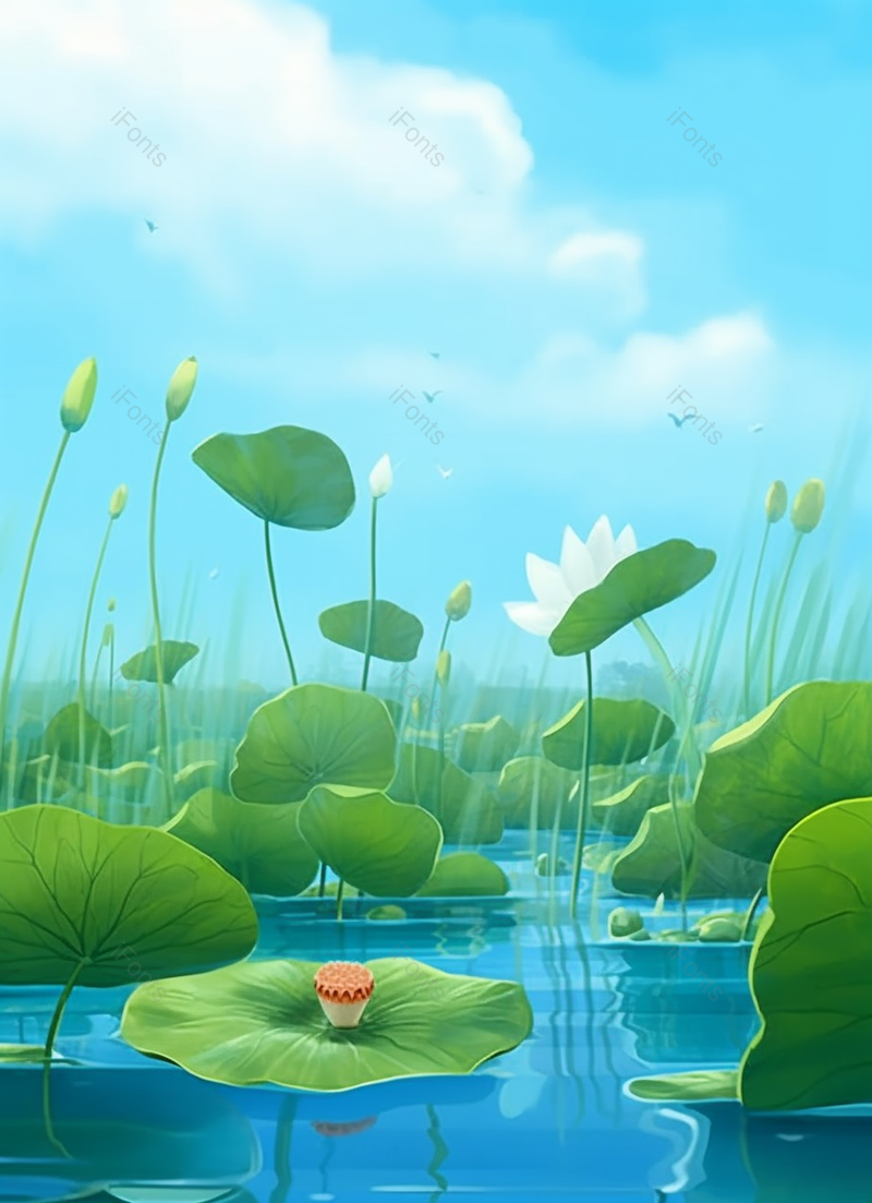 绿色的夏天池塘里的荷叶荷花莲蓬背景,插画/手绘图,插画/手绘图库,插画/手绘图下载,插画/手绘